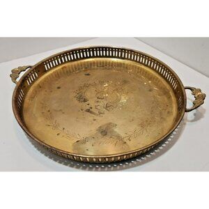 Vtg Round Brass Serving Tray with Floral Handles & Reticulated Sides 12"